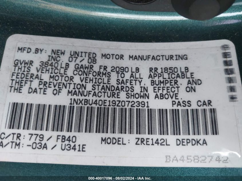 2009 Toyota Corolla S/Le/Xle VIN: 1NXBU40E19Z072391 Lot: 40017096