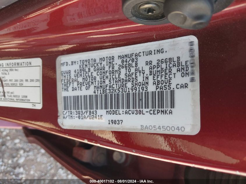 2003 Toyota Camry Le VIN: 4T1BE32K53U199193 Lot: 40017102