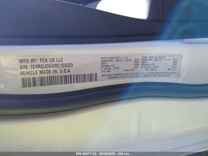 2024 Dodge Durango Gt VIN: 1C4RDJDGXRC159323 Lot: 40017123
