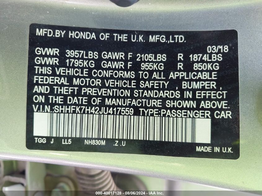 2018 Honda Civic Sport VIN: SHHFK7H42JU417559 Lot: 40017128