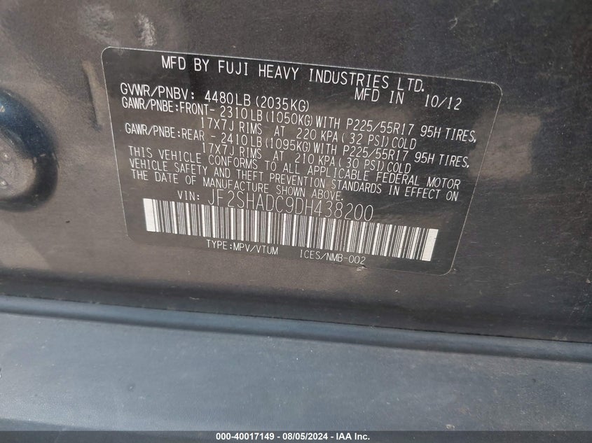 2013 Subaru Forester 2.5X Premium VIN: JF2SHADC9DH438200 Lot: 40017149
