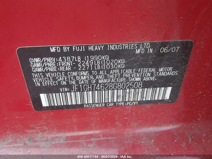 2008 Subaru Impreza Wrx VIN: JF1GH74628G802508 Lot: 40017154