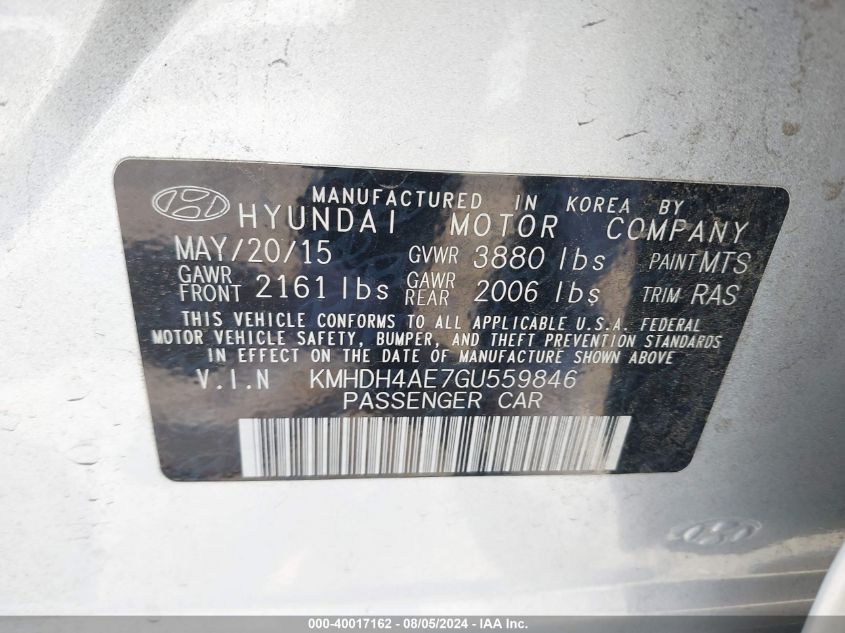 2016 Hyundai Elantra Se VIN: KMHDH4AE7GU559846 Lot: 40017162