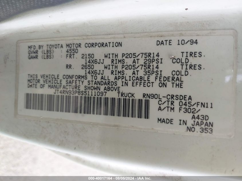 1995 Toyota Pickup 1/2 Ton Ex Lng Whlbase/Dx VIN: JT4RN93P8S5111097 Lot: 40017164