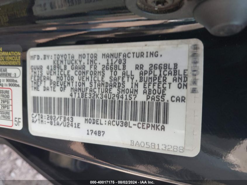 2004 Toyota Camry Le VIN: 4T1BE32K34U294157 Lot: 40017175