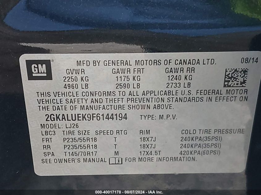 2015 GMC Terrain Denali VIN: 2GKALUEK9F6144194 Lot: 40017178