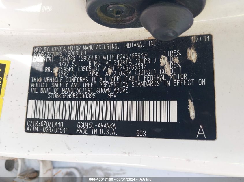2011 Toyota Highlander Se VIN: 5TDBK3EH9BS090395 Lot: 40017180