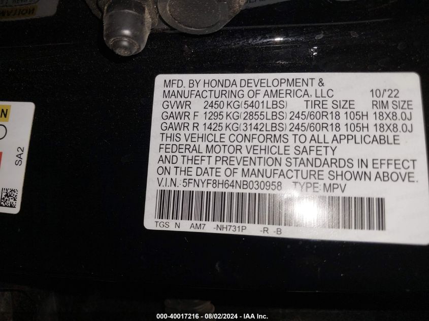 2022 Honda Passport Awd Trailsport VIN: 5FNYF8H64NB030958 Lot: 40017216