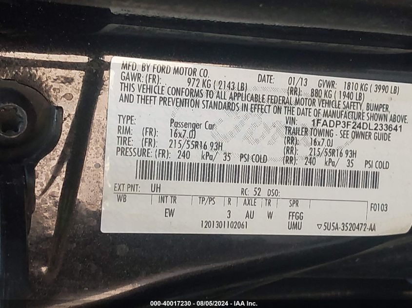 2013 Ford Focus Se VIN: 1FADP3F24DL233641 Lot: 40017230