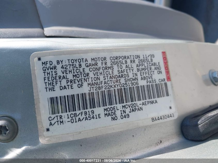 2000 Toyota Camry Ce/Le/Xle VIN: JT2BF22KXY0251906 Lot: 40017231