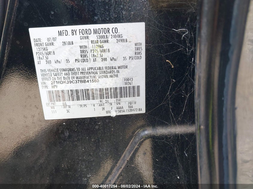 2007 Ford Edge Sel Plus VIN: 2FMDK39C37BB41580 Lot: 40017254