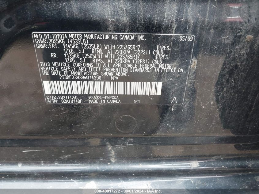 2009 Toyota Rav4 VIN: 2T3BF33V39W014290 Lot: 40017272