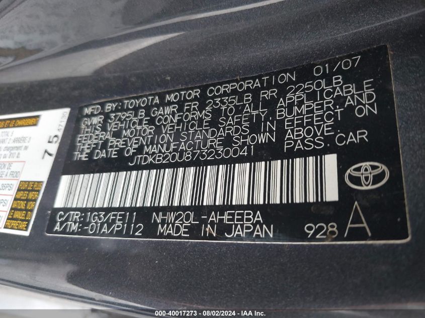 2007 Toyota Prius VIN: JTDKB20U873230041 Lot: 40017273