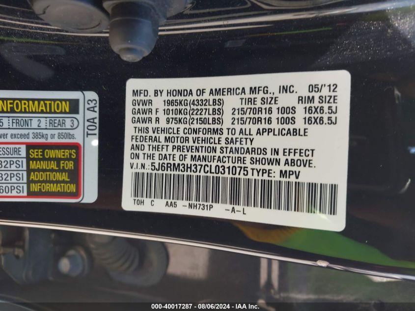 2012 Honda Cr-V Lx VIN: 5J6RM3H37CL031075 Lot: 40017287
