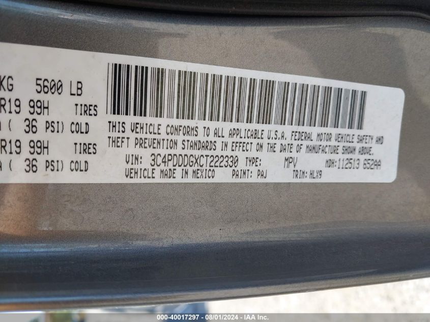 2012 Dodge Journey Crew VIN: 3C4PDDDGXCT222330 Lot: 40017297