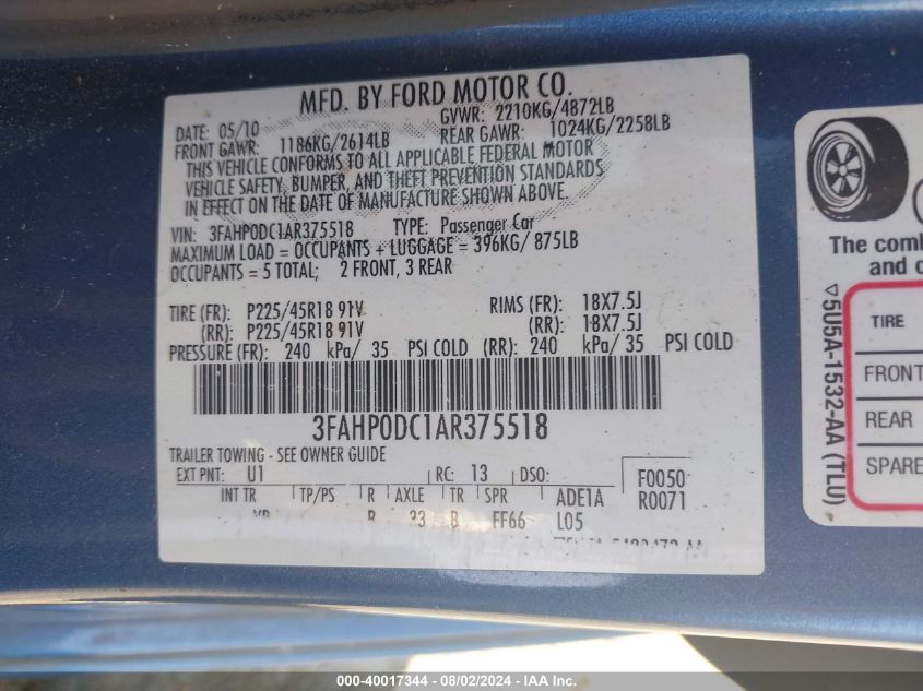 2010 Ford Fusion Sport VIN: 3FAHP0DC1AR375518 Lot: 40017344