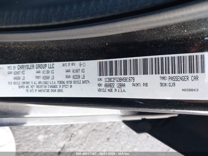 2011 Chrysler 200 Limited VIN: 1C3BC2FG3BN581679 Lot: 40017367