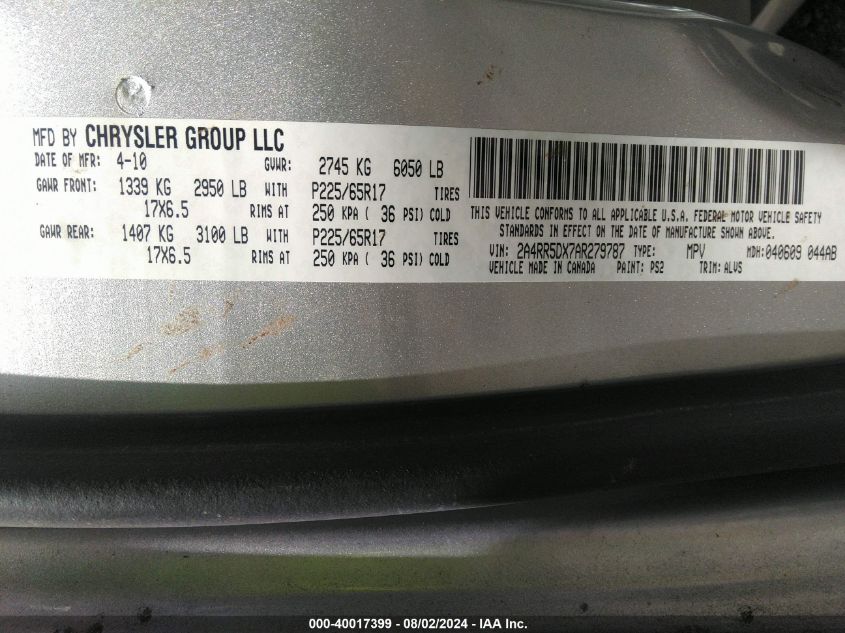 2010 Chrysler Town & Country Touring VIN: 2A4RR5DX7AR279787 Lot: 40017399