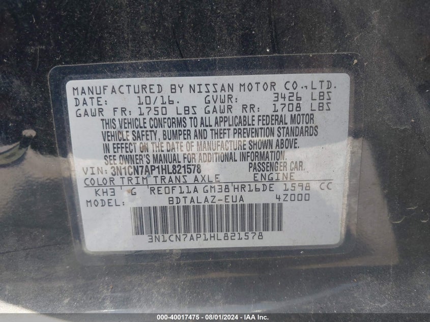 2017 Nissan Versa 1.6 S+ VIN: 3N1CN7AP1HL821578 Lot: 40017475