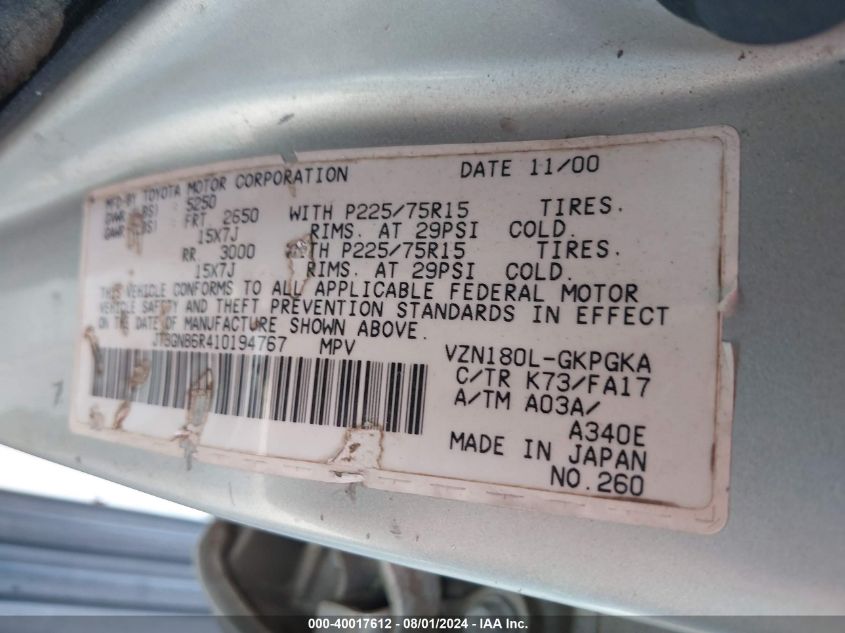 2001 Toyota 4Runner Sr5 V6 VIN: JT3GN86R410194767 Lot: 40017612