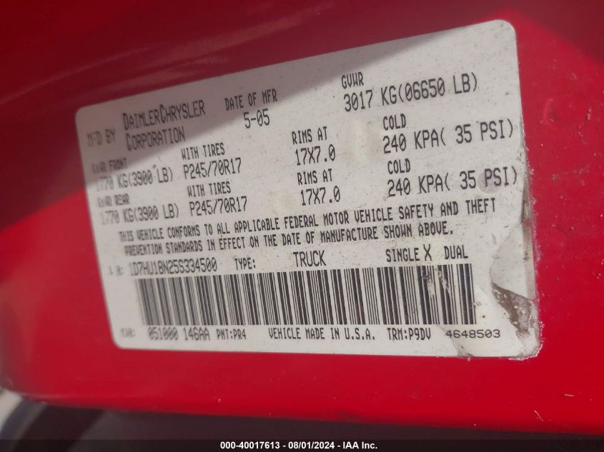 2005 Dodge Ram 1500 St VIN: 1D7HU18N25S334500 Lot: 40017613