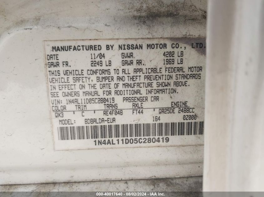 2005 Nissan Altima S/Sl VIN: 1N4AL11D05C280419 Lot: 40017640
