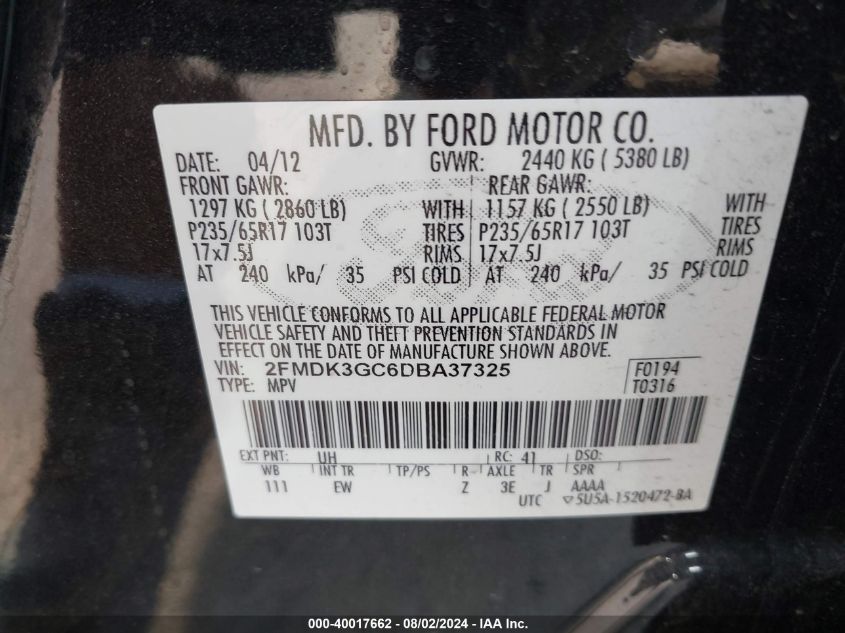 2013 Ford Edge Se VIN: 2FMDK3GC6DBA37325 Lot: 40017662