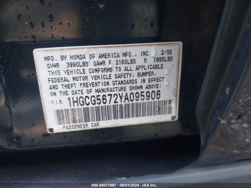 2000 Honda Accord 2.3 Se VIN: 1HGCG5672YA095906 Lot: 40017667