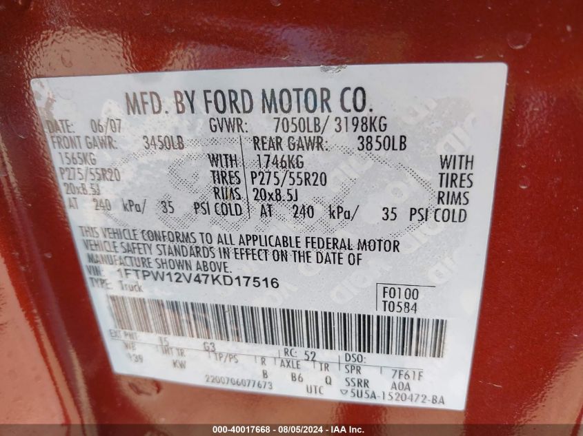 2007 Ford F-150 Lariat/Xlt VIN: 1FTPW12V47KD17516 Lot: 40017668