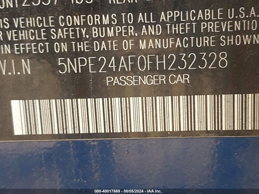 2015 Hyundai Sonata Se VIN: 5NPE24AF0FH232328 Lot: 40017669