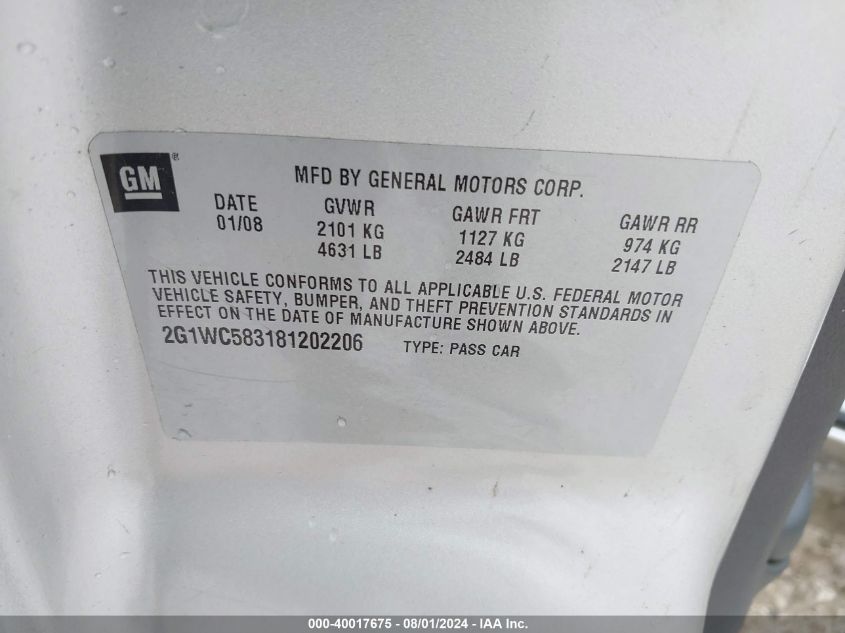 2008 Chevrolet Impala Lt VIN: 2G1WC583181202206 Lot: 40017675