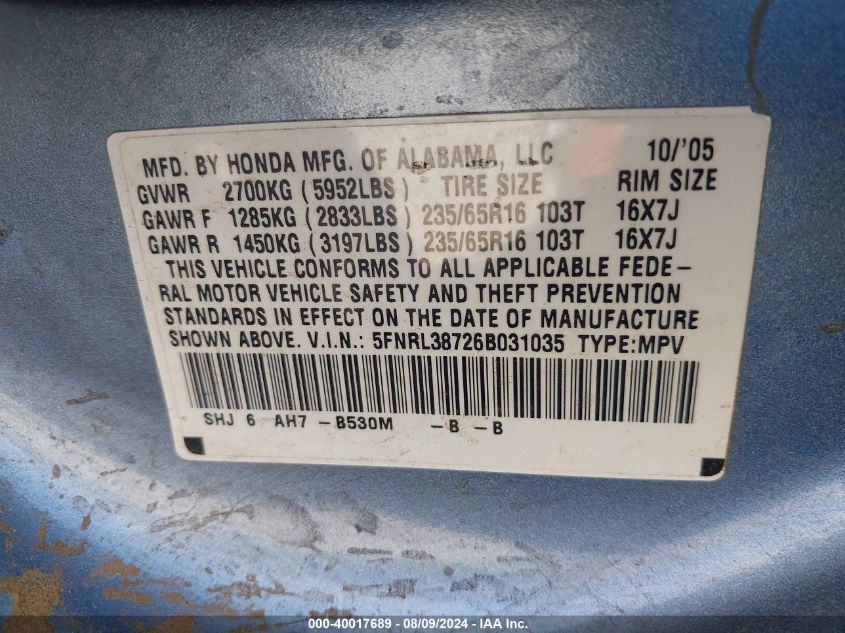 2006 Honda Odyssey Ex-L VIN: 5FNRL38726B031035 Lot: 40017689