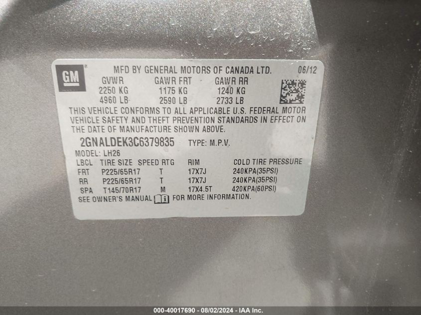 2012 Chevrolet Equinox 1Lt VIN: 2GNALDEK3C6379835 Lot: 40017690