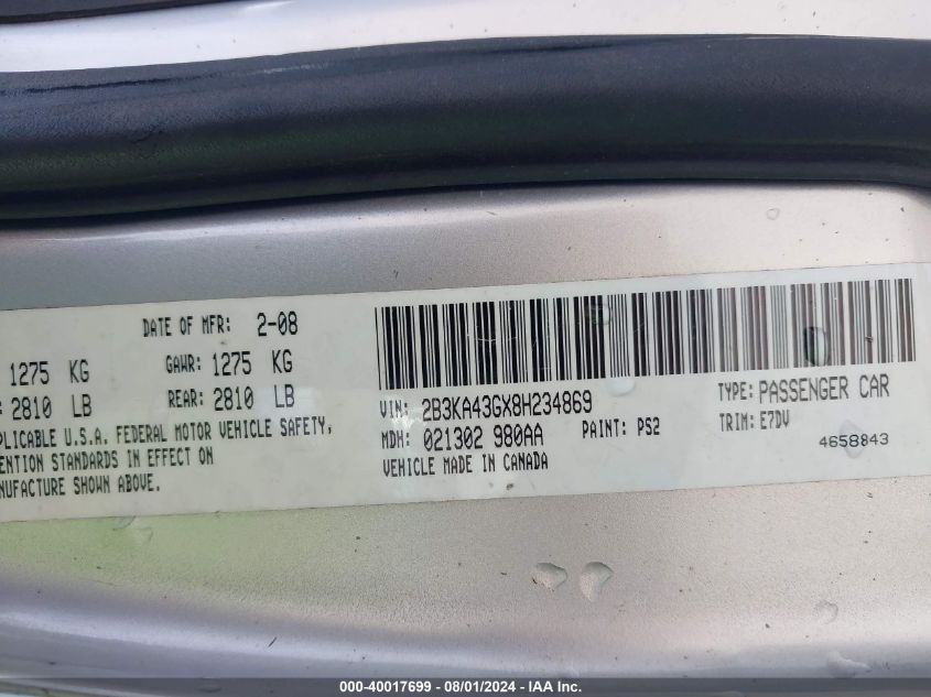 2008 Dodge Charger VIN: 2B3KA43GX8H234869 Lot: 40017699