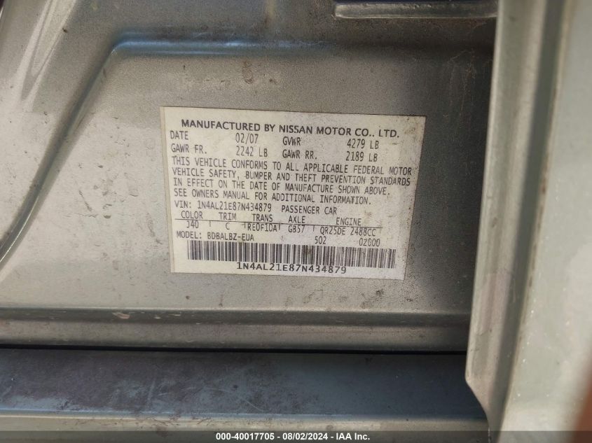 2007 Nissan Altima 2.5 S VIN: 1N4AL21E87N434879 Lot: 40017705