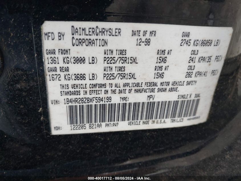 1999 Dodge Durango VIN: 1B4HR28Z8XF594199 Lot: 40017712