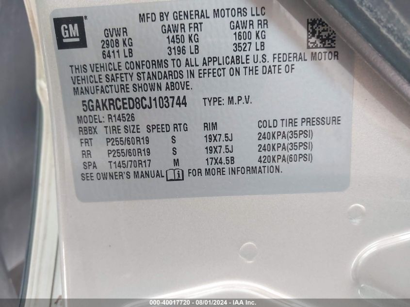 2012 Buick Enclave Leather VIN: 5GAKRCED8CJ103744 Lot: 40017720