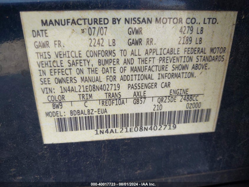 2008 Nissan Altima 2.5 S VIN: 1N4AL21E08N402719 Lot: 40017723