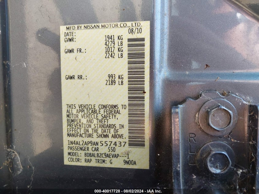 2010 Nissan Altima 2.5 S VIN: 1N4AL2AP9AN557437 Lot: 40017728