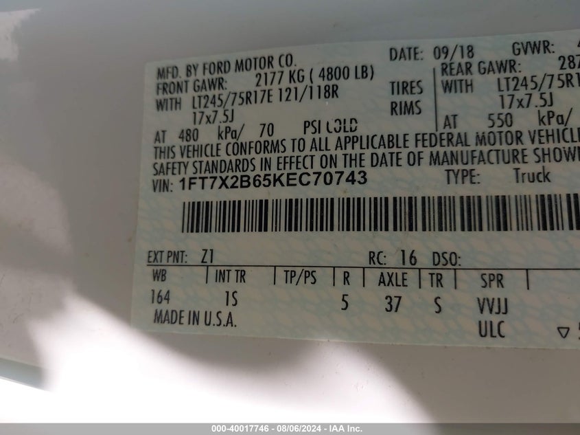 2019 Ford F-250 Xl VIN: 1FT7X2B65KEC70743 Lot: 40017746