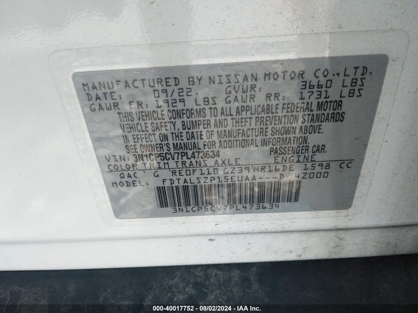 2023 Nissan Kicks Sv Xtronic Cvt VIN: 3N1CP5CV7PL473634 Lot: 40017752