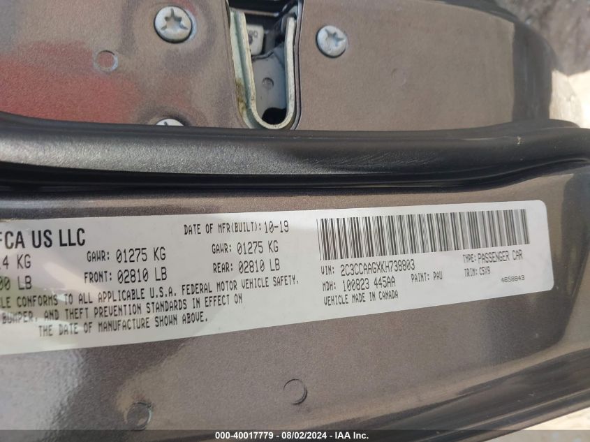 2019 Chrysler 300 Touring VIN: 2C3CCAAGXKH738803 Lot: 40017779