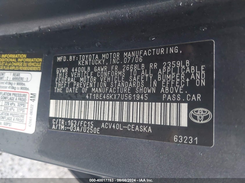 2007 Toyota Camry Se VIN: 4T1BE46KX7U561945 Lot: 40017783