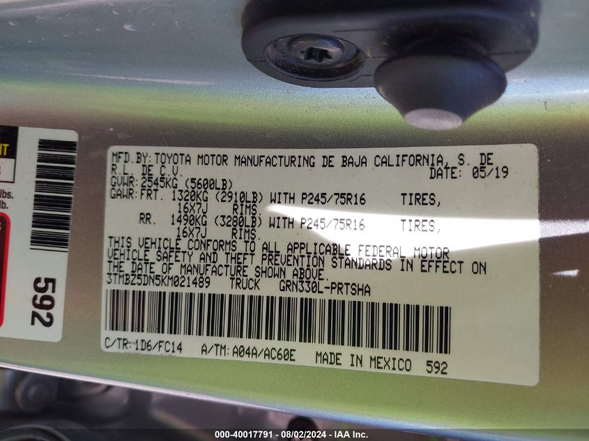 2019 Toyota Tacoma Sr5 VIN: 3TMBZ5DN5KM021489 Lot: 40017791