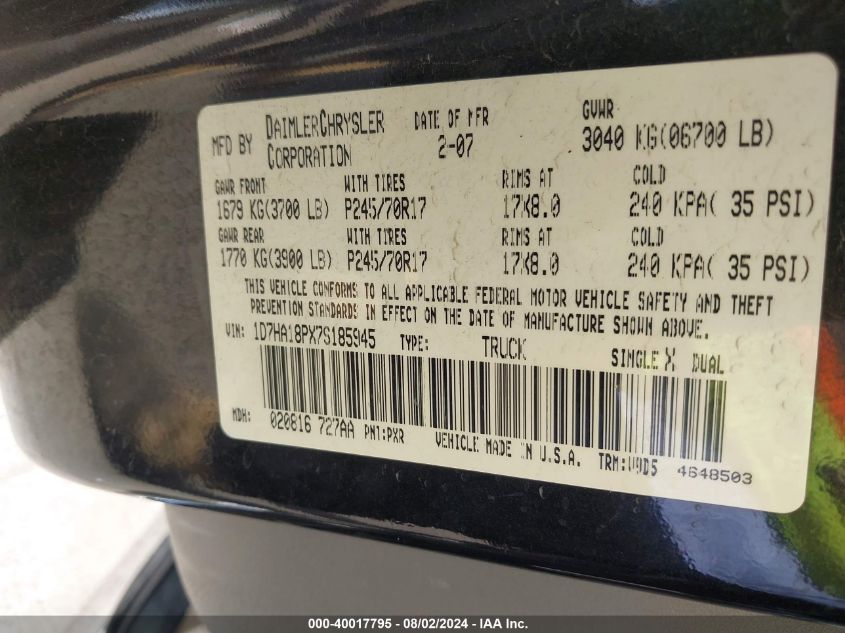 2007 Dodge Ram 1500 Slt VIN: 1D7HA18PX7S185945 Lot: 40017795