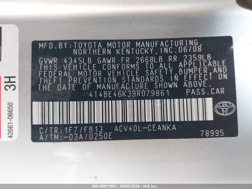 2009 Toyota Camry Se/Le/Xle VIN: 4T4BE46K39R079861 Lot: 40017801