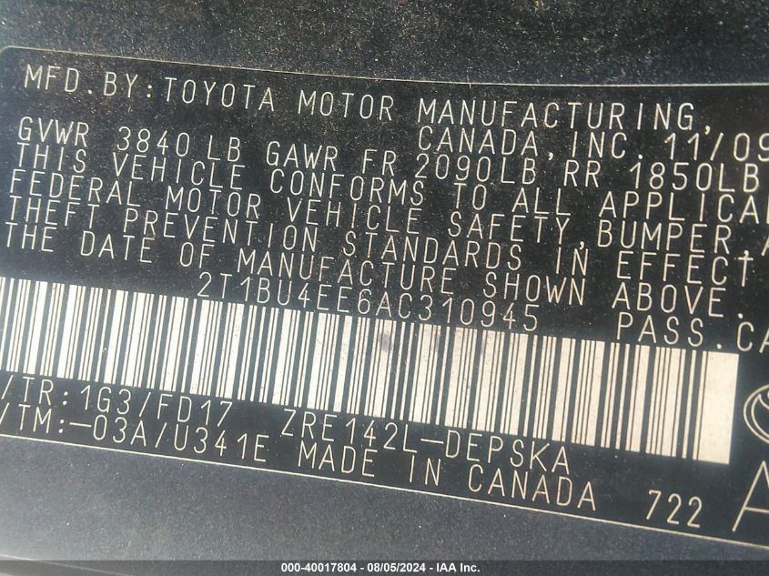 2010 Toyota Corolla S VIN: 2T1BU4EE6AC310945 Lot: 40017804