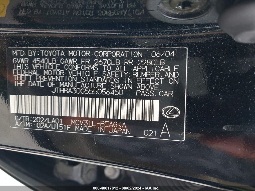 2005 Lexus Es 330 VIN: JTHBA30G555056450 Lot: 40017812