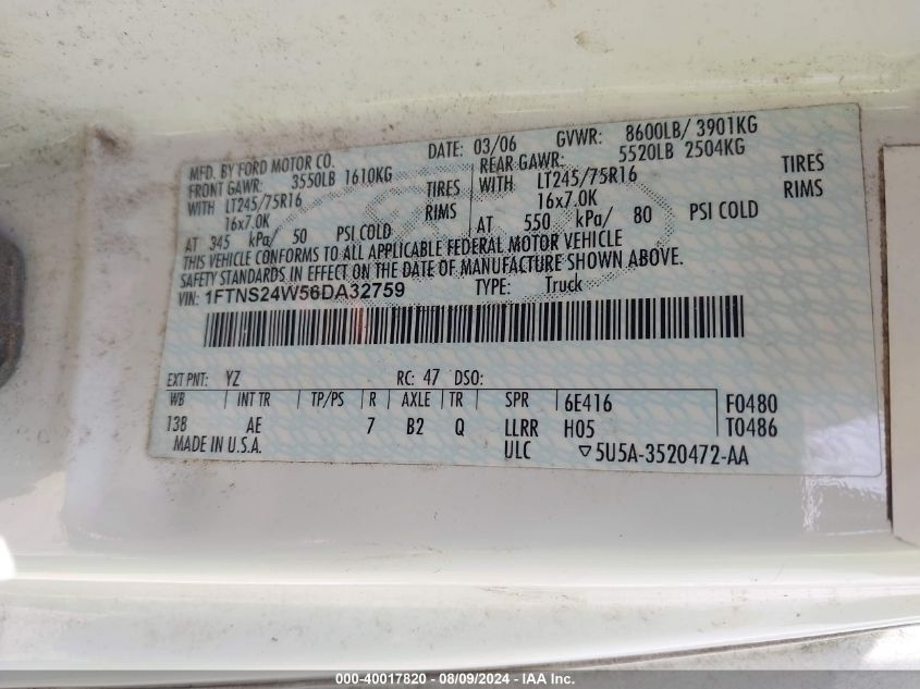 2006 Ford E-250 Commercial/Recreational VIN: 1FTNS24W56DA32759 Lot: 40017820