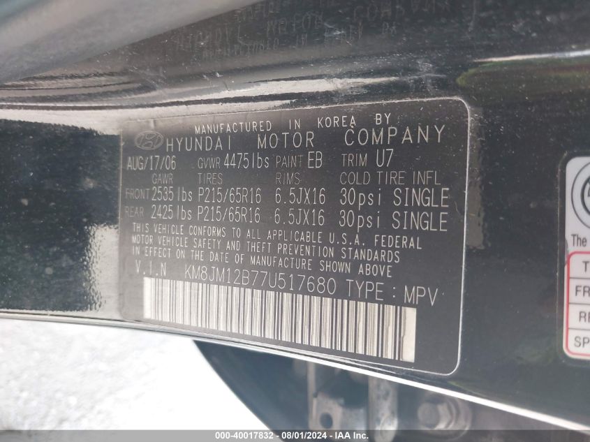 2007 Hyundai Tucson Gls VIN: KM8JM12B77U517680 Lot: 40017832